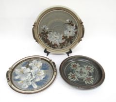 Three Calendula Pottery dishes by Kathleen Marigold Austin (1929-2018). Hand painted floral designs.