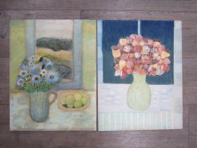 MARIA GEURTEN (1929-1998) Two unframed early oils on board, still life studies with flowers. Both