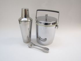 Tiger brand ice bucket made in Japan and stainless steel cocktail shaker by KH, 1980's, tallest 25cm