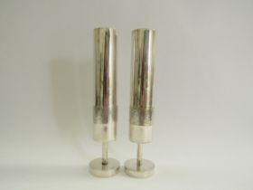 A pair of Mid 20th Century Arthur Price silver plated vases with textured band detail. 19.5cm high