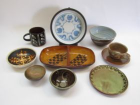 A collection of studio pottery to include Harry & May Davis Crowan cup and saucer, Biddy Rose