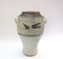 An Aller Pottery monumental vase by Bryan Newman, painted foliate detail, twin side handles. (Chip