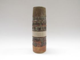 A Louis Hudson studio pottery cylindrical vase with impressed motifs and textured detail.