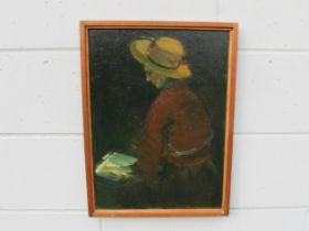 GEORGE HOLT (1924-2005) A framed original oil on board painting “Girl reading”, signed and dated