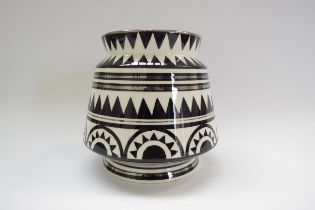 A Morland Pottery of Chelsea trial vase of Deco style in black and white with silvered line and
