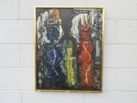 JOHN TOBIN (XX): A framed oil on canvas "Kings Men II". Label to frame and titled front and back.