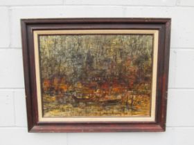 JOHN MOODY (XX) A large framed oil on board 1960’s painting of a detailed London cityscape, signed J