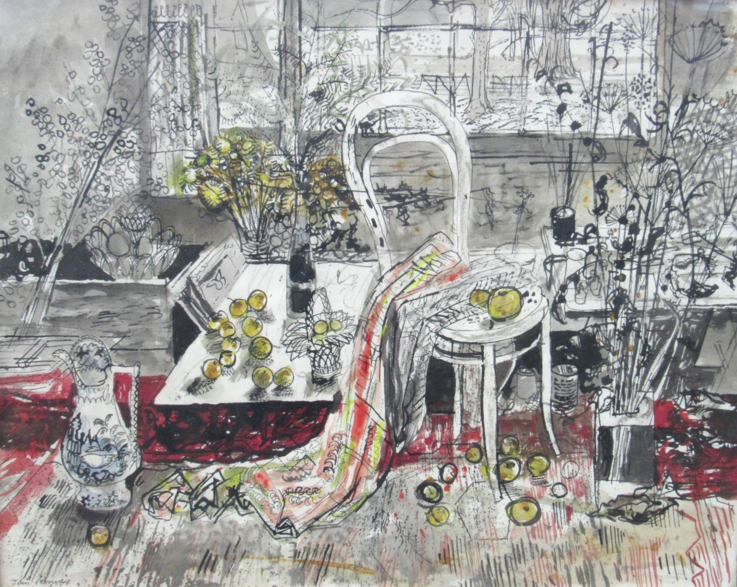 JOHN O'CONNOR RCA RE RWS (1913-2004) A framed and glazed mixed media on paper of an interior scene - Image 2 of 6