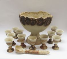 BERNARD ROOKE (b.1938): A studio pottery pedestal punch bowl together with 12 goblets. Bowl 32cm