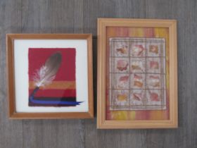 ANNETTE MORGAN (XX Bury St Edmunds artist) Two framed textile artworks, felted squares and feather