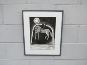 JOHN KIKI (b1943) A framed and glazed etching - untitled, figure on horse back. Pencil signed and No