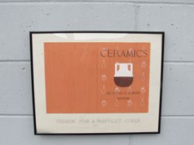 A framed original artwork for a vintage pamphlet cover for “Ceramics at the Victoria and Albert