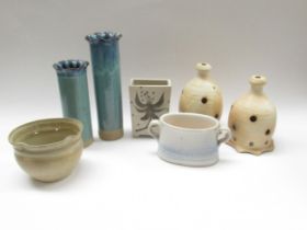 A collection of studio pottery to include Skottorp Hantrerk Stengods two handled bowl plus other