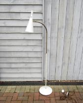 A G.A Scott for Maclamp standard lamp in white with a single adjustable conical shade light.