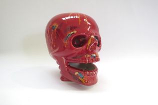 An Anita Harris Pottery skull with red and yellow glazes and blue dashes. Printed and signed marks