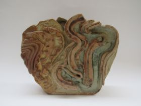 BERNARD ROOKE (b.1938): A studio pottery abstract form vase, 22cm high (chip to top)