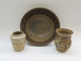 A large Dersingham studio pottery bowl, 29cm diameter and two studio pottery vases, both signed,