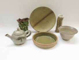 A collection of studio pottery including Rye pottery acorn vase, Tony Gant plate , bowl, teapot ,