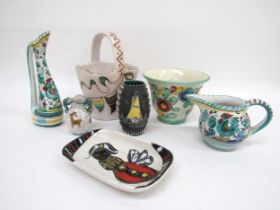 Seven Italian pottery items, vases, basket, jugs and a dish. Tallest 19cm