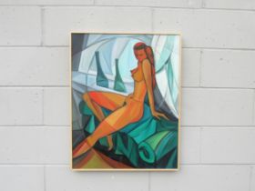 A framed cubist style oil on board painting of a nude figure, unsigned. Image size 75cm x 59cm