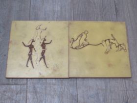 Approx 77 Italian ceramic tiles of two designs by Semigres with stylised figures on ochre ground.