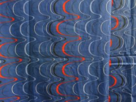 A pair of 1980's lined curtains in blue ground with waved lines of red, white and black, 180cm