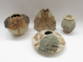 BERNARD ROOKE (b.1938): Three studio pottery vases decorated with insects and floral relief and a