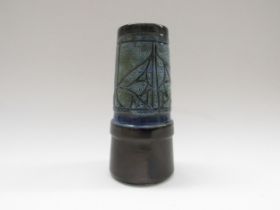 Celtic Pottery of Newlyn blue glazed tapered cylindrical vae, label to base 15.5cm high