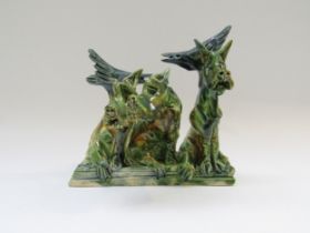 IAN GREGORY (1942 - 2021) A Studio Pottery hounds and birds sculpture, 16cm high x 16cm wide,