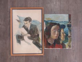 A French oil on board painting of a couple, indistinctly signed verso and dated 1969, and a framed
