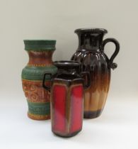 Three West German floor vases in various colours, Scheurich 197-30, 5401-40 and 492-44. Tallest 44cm