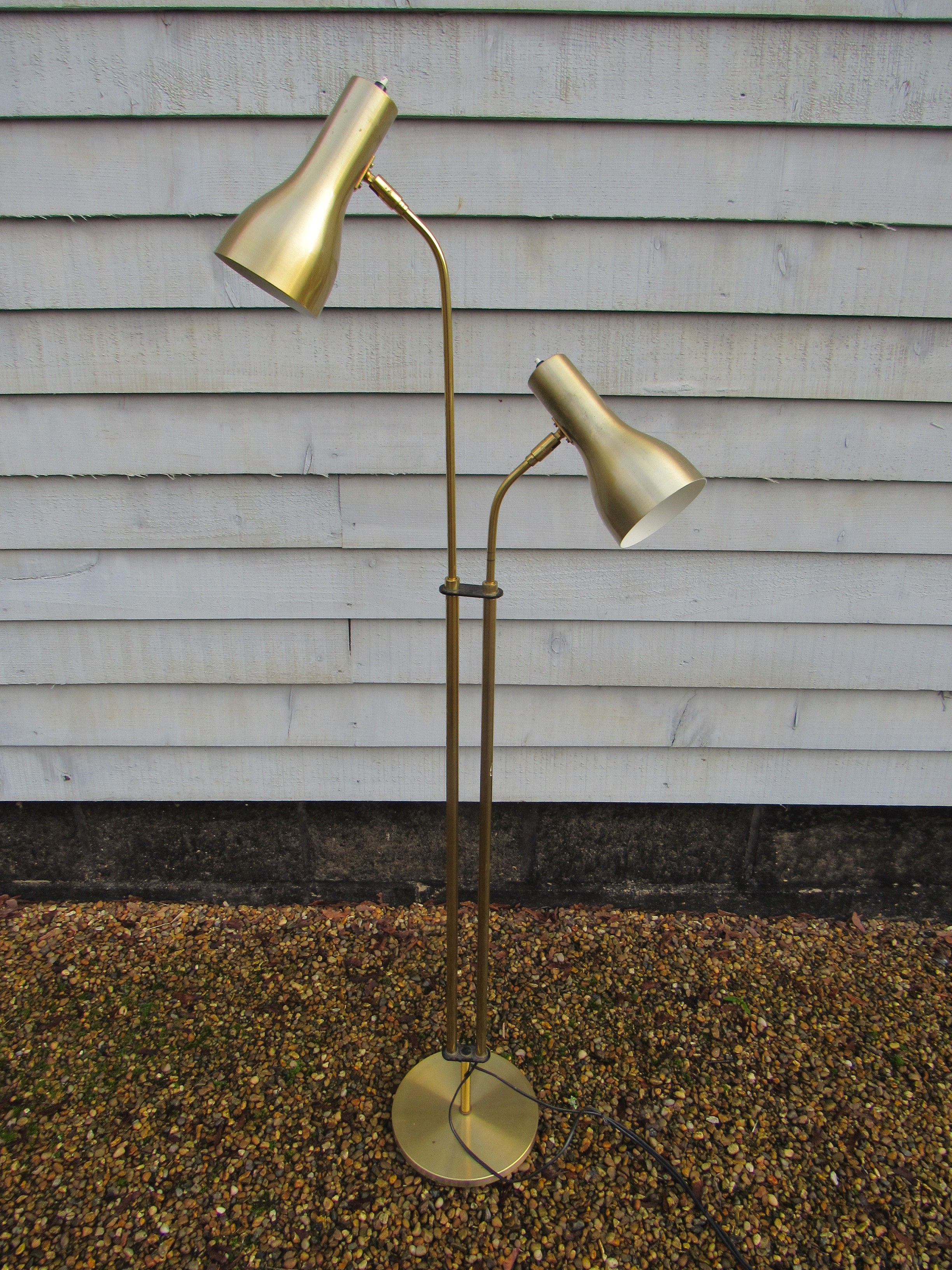 A Danish standard lamp in brassed metal finish with twin adjustable spot lights and on a circular - Image 2 of 2