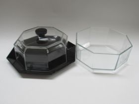 An Arcoroc France "Octime" octagonal glass cake/cheese dome 22cm diameter on a black glass base 30cm