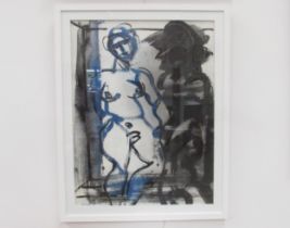 BRUER TIDMAN (b.1939) (ARR) A framed and glazed acrylic on paper, two figures standing. Signed