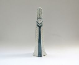 A David Sharp Rye Pottery figural candle holder modelled as a Bishop. Blue and white glaze, 39.5cm