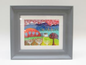 A framed original oil on board painting of a colourful landscape, indistinctly signed lower right.