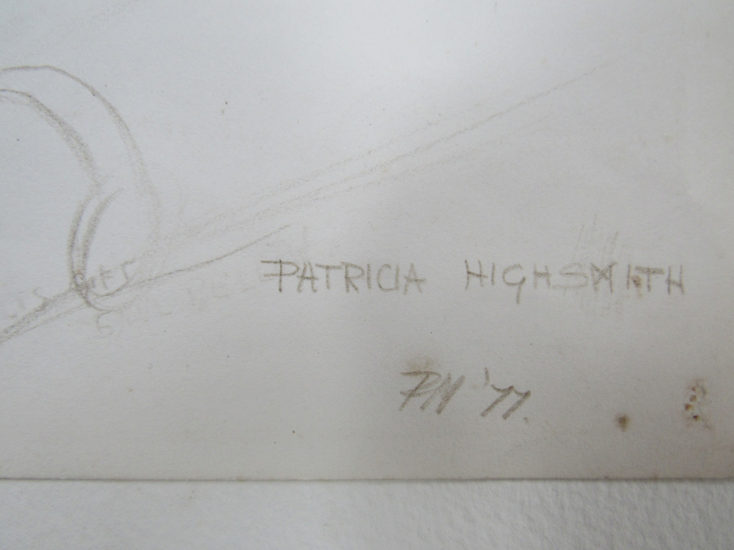 PATRICIA HIGHSMITH (1921-1995, crime author) An unframed pencil on paper self portrait, signed and - Image 2 of 2