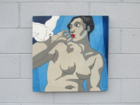 An acrylic on canvas depicting a stylised female nude with white dove. Indistinctly signed verso,