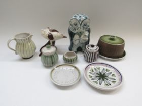 A collection of Rye Pottery including dish and cover, small jug and pots, David Sharp figures