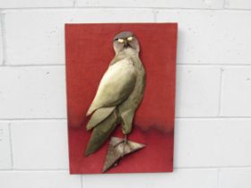 A 1960’s metal 3D sculptural picture of a bird mounted onto hessian board. Overall size 61cm x 44cm
