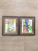 Two professionally framed St Ives school abstract boat paintings, unsigned. Image size 20cm x 26cm