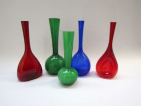 Three Arthur Percy bottle vases in red and blue, plus two similar vases in green, tallest 26cm