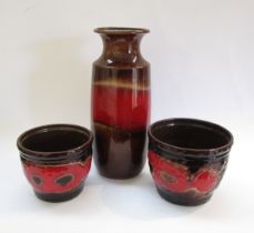 A Scheurich West German Fat Lava floor vase in treacle and red band, No. 239-41. Plus two ceramic