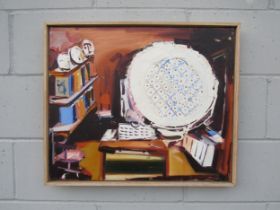 STEPHEN FARTHING (b.1950): "Between Plate and Word", oil on canvas interior scene. Signed verso with