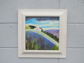 A framed contemporary stylised landscape oil on board painting, unsigned, titled “Spring” to label