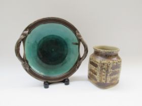 An Andy Mason studio pottery twin handled bowl with green crystalline glaze and impressed potters
