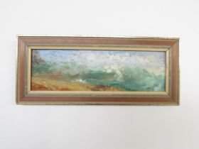 JUNE WOOLLEY (XX) A small framed stylised seascape acrylic on board painting “Stormy sea on the
