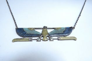 An Egyptian style enamel winged bird pendant on chain, 68cm long, stamped sterling