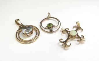 Two 9ct gold pendants, one with opal and seed pearls the other seed pearl and peridot and another