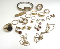 A quantity of gold items all a/f, including earrings, ring shanks, chains etc, 28.7g and unmarked